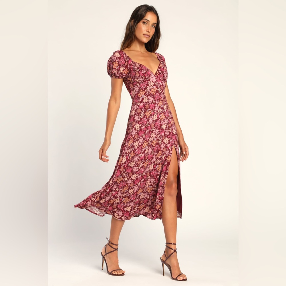 Lulu's Floral Midi Dress in Burgundy and Pink